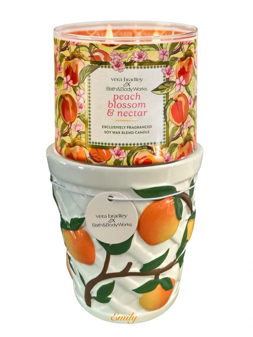 Vera Bradley Peach candle Pedestal & 3-Wick Candle Limited Edition Set